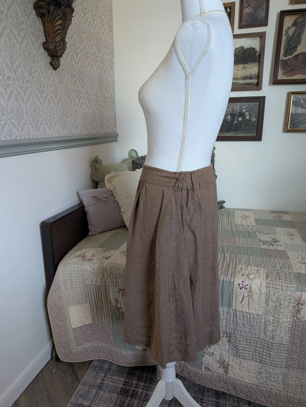 Linenfox 100% Linen Skirt S/M Taupe Brown Elastic Waist Pockets Handmade